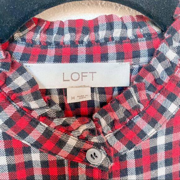 LOFT Red Plaid Ruffle Neck Button Down Top Size Medium - Picture 4 of 8